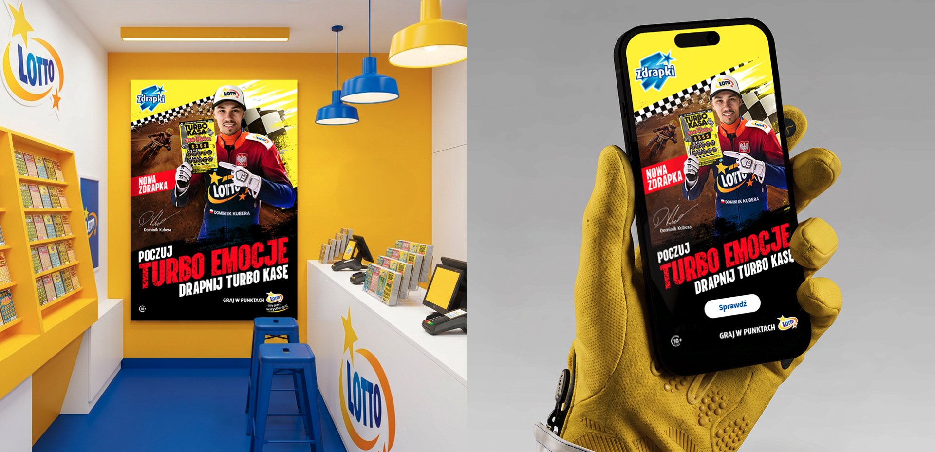 Plakat Turbo Kasa w punkcie LOTTO oraz telefon z kreacją kampanii trzymany w rękawicy żużlowca.